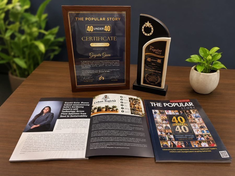 Magazine spread with trophy and certificate